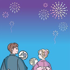 夏　浴衣　花火大会　男性　女性　カップル　デート　手描き　和風　フレーム　背景　イラスト素材