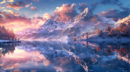 Serene mountain lake at dawn, crystal clear water reflecting snow-capped peaks and a vibrant sky