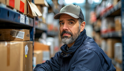 Focused postal worker with a cap stands among packages in a distribution center, representing national postal worker day and the dedication of mail service employees