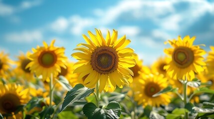 Sunflower field under a bright blue sky, vibrant yellow flowers and lush green leaves