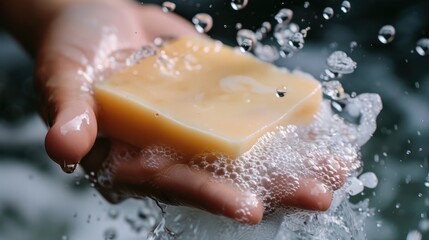 Fototapeta premium a hand holding a bar of natural soap, with water droplets forming 