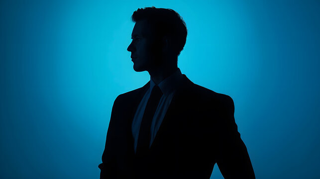 Mans silhouette Businessmans profile picture Man posing in suit on blue background : Generative AI