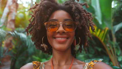 Stylish young woman marks national selfie day with a beaming smile, snapping a selfie amidst vibrant tropical greenery, donning trendy orangetinted shades