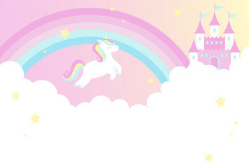 vector background with a unicorn, rainbow and castle in cloudy sky for banners, cards, flyers, social media wallpapers, etc. © mar_mite_