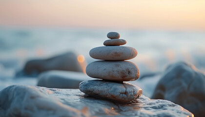 Peaceful arrangement of smooth pebbles perched on a rocky shore, embodying simplicity with a serene sunset and gentle ocean waves in the background