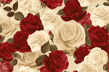 Seamless Watercolor Rose Pattern with Leaves Background