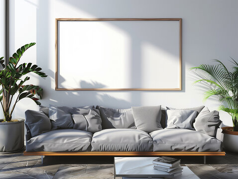 Wohnraum mit leeren Holzrahmen zum einsetzen von eigenen Bildern f&uuml;r Werbung und Darstellung des Designs.