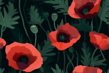 Vibrant watercolor poppies, with bold reds and oranges, set against dark green leaves in a lively, seamless pattern