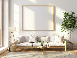 Wohnraum mit leeren Holzrahmen zum einsetzen von eigenen Bildern für Werbung und Darstellung des Designs.