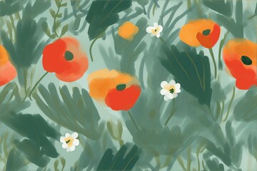 Vibrant Watercolor Poppies with bold reds and oranges Background Seamless Pattern