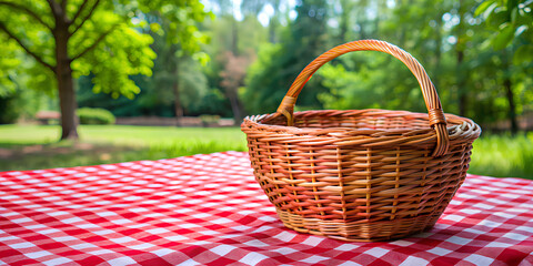Wicker basket with red checkered tablecloth on the table
