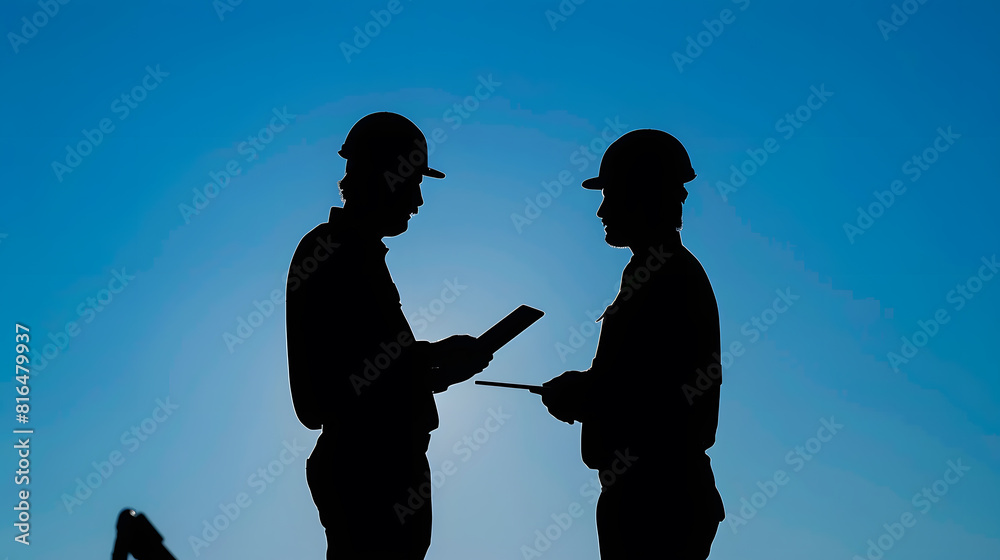 Aufkleber silhouettes of an engineer with a tablet in his hands and a construction worker in a hard hat agains