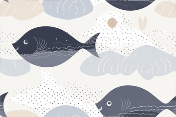 Minimalist Line Art Seamless Pattern with Simple Fish and Abstract Shapes