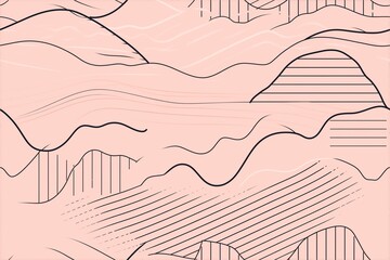 Minimalist Line Art Seamless Pattern with Urban Skyline in Pastel Pink