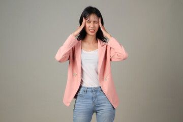 stressfull angry mad expression of asian woman wearing casual formal outfit on isolated background