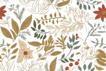 Botanical Pattern with Golden and Green Foliage and Floral Elements Seamless Pattern