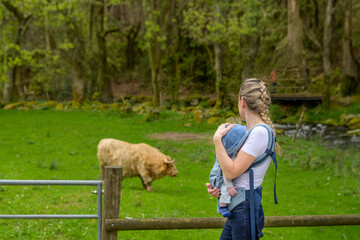 Happy woman looking to an animal while holding and carrying it in a baby carrier