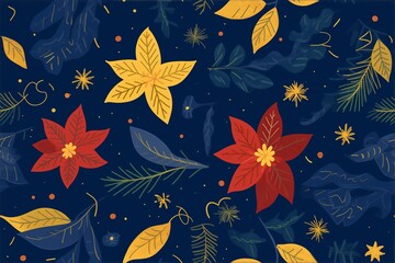Festive Poinsettia Pattern with Gold Naive Doodles Background Seamless Pattern