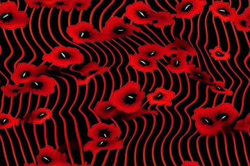 Vibrant Poppy Pattern on Optical Striped Background Seamless Pattern