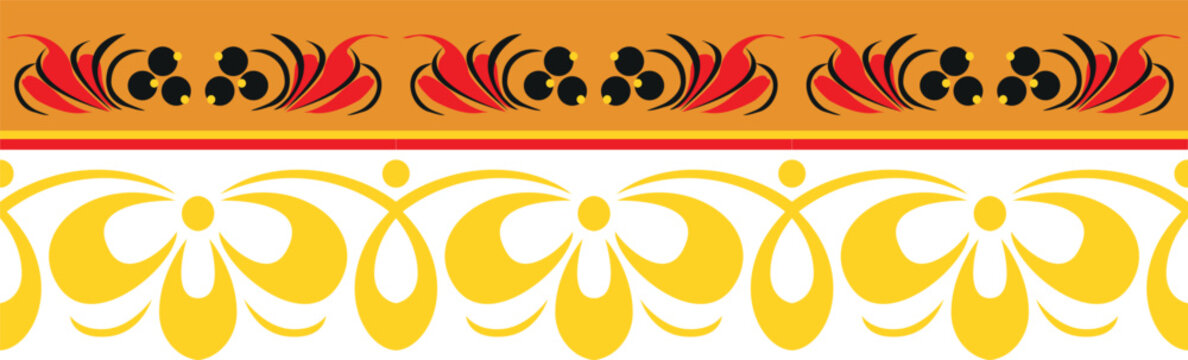 Element of pattern in traditional Old russian style. Ornament. Hohloma in red and gold colors. Traditional Russian folk style hohloma element, folk motif. Vector twigs, flowers, leaves. 