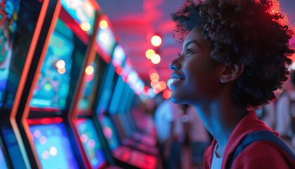 Glowing young woman celebrates national video game day in a lively arcade, surrounded by the vibrant glow of classic gaming machines