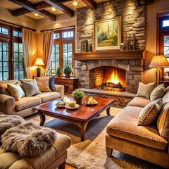 A cozy fireplace lounge with plush sofas, fluffy rugs, and a crackling fire.