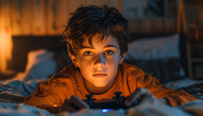 Young boy intensely playing video games with a controller at night, bathed in the warm glow of the screen in a dimly lit room, to mark national video game day