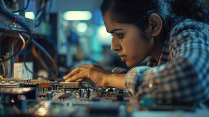 an Indian female engineer working on a complex circuit board in a well-lit laboratory, 
