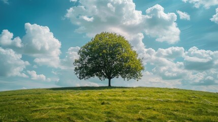 Green tree in the middle of a grassy field under the daytime sky with clouds