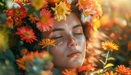 Tranquil young woman embraces the vibrant energy of the summer solstice, surrounded by a halo of vivid sunflowers and wildflowers in a dreamy, sunlit setting