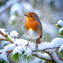 European robin in a snowy oak forest on a cold winter day with the first light of day