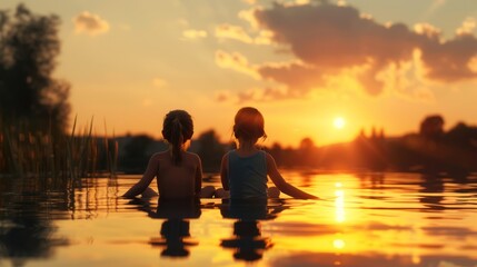 children sitting at the edge of a calm lake, 