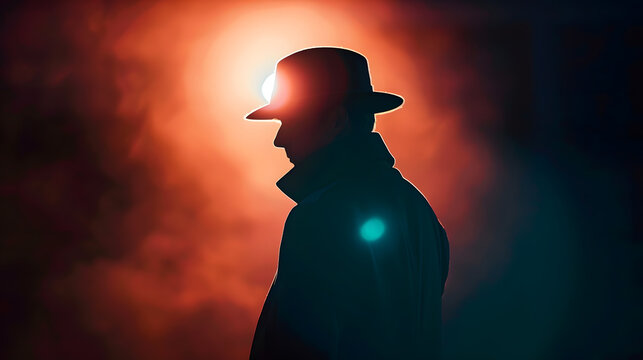 A dark silhouette of a male detective in a coat and hat in the noir style A dramatic portrait in the style of detective films of the 1950s The silhouette of a spy in a circle of light  : Generative AI