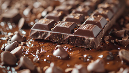 Celebrate world chocolate day with this closeup view of a mouthwatering chocolate bar surrounded by assorted chocolate pieces, capturing the rich textures and irresistible appeal of fine chocolate