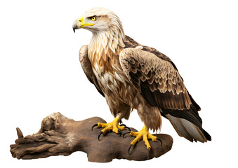 Fototapeta premium White Eagle perched on a brown branch isolated on cut out PNG or transparent background. Eagles are considered to be animals with best eyesight in world. Realistic bird clipart template pattern.