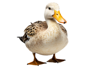 Brown-white duck with yellow duckbill isolated on cut out PNG or transparent background. Ducks are poultry in the teal family. Flat mouth, flat feet. Realistic animal clipart template pattern.