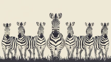 Obraz premium View of a zebra herd grazing flat design front view striped symmetry theme animation Monochromatic Color Scheme