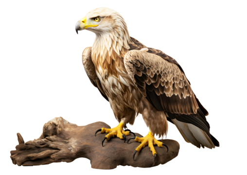 White Eagle perched on a brown branch isolated on cut out PNG or transparent background. Eagles are considered to be animals with best eyesight in world. Realistic bird clipart template pattern.