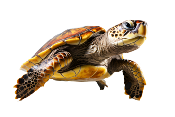 Sea turtle yellow, brown isolated on cut out PNG or transparent background. Live in sea. But it still has characteristics of reptile. They like to lay their eggs on clean, quiet sandy beaches.