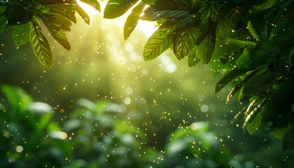 Enchanting rays of sunlight filter through the dense foliage of a tropical rainforest, illuminating the mist and floating pollen on world rainforest day