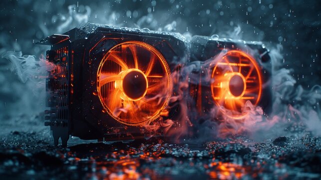 Glowing graphics card under rain simulation