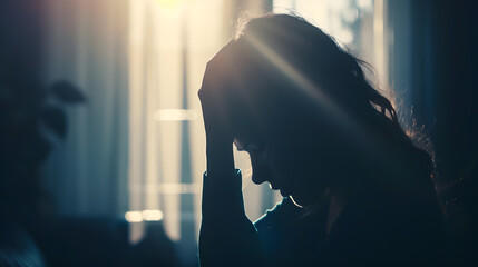 Sad stressed woman silhouette with hand over face next to window : Generative AI
