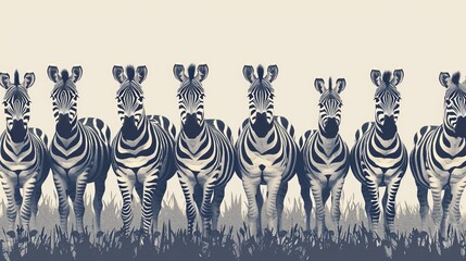 Obraz premium View of a zebra herd grazing flat design front view striped symmetry theme animation Monochromatic Color Scheme