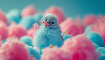 Enchanting picture of a gentle, blue bird nestled in delightful pink clouds, evoking a feeling of enchantment and charm, ideal for themes of creativity and youthful innocence