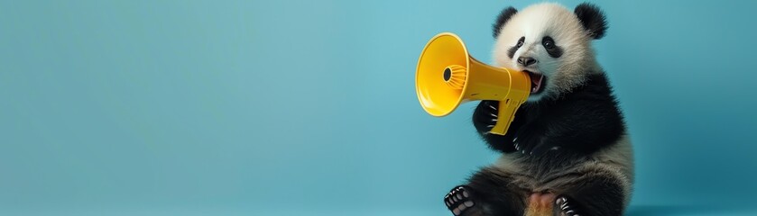 Baby panda holding a yellow megaphone, light blue background, looking playfully to the side