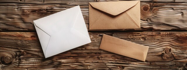 A blank greeting card mock-up with envelope on a wooden surface.