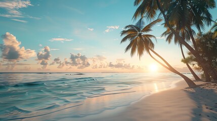 Fototapeta premium Amazing beach sunset with palm trees. Beautiful colors of nature. High quality photo.