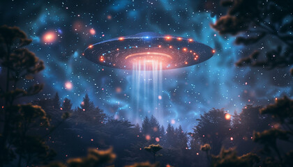Mesmerizing image capturing a ufo with radiant lights descending upon a tranquil, starlit forest, evoking a sense of wonder and the unknown on world ufo day