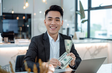 An Asian man in his thirties, wearing business attire and sitting at an office desk with a laptop on it smiling happily. He has short black hair and fair skin, exuding confidence as he holds money in  - Powered by Adobe