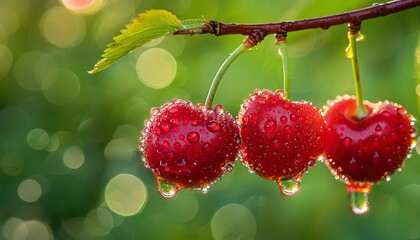 Closeup of vibrant red cherries hanging on branch, soft bokeh green background, morning dew on fruits